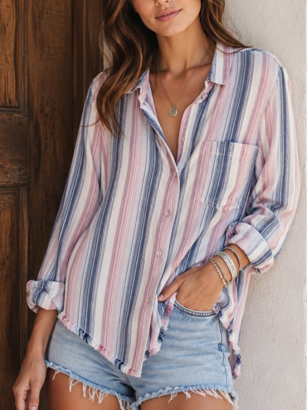 Cloth & Stone Frayed Hem Button Front Top Size Small Pink Blue Striped Shirt